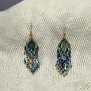 Vibrant Blue and Gold Beaded Earrings